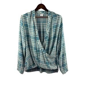 Women’s Cabi XL Muted Teal & White Plaid Faux Wrap Long Sleeve Blouse